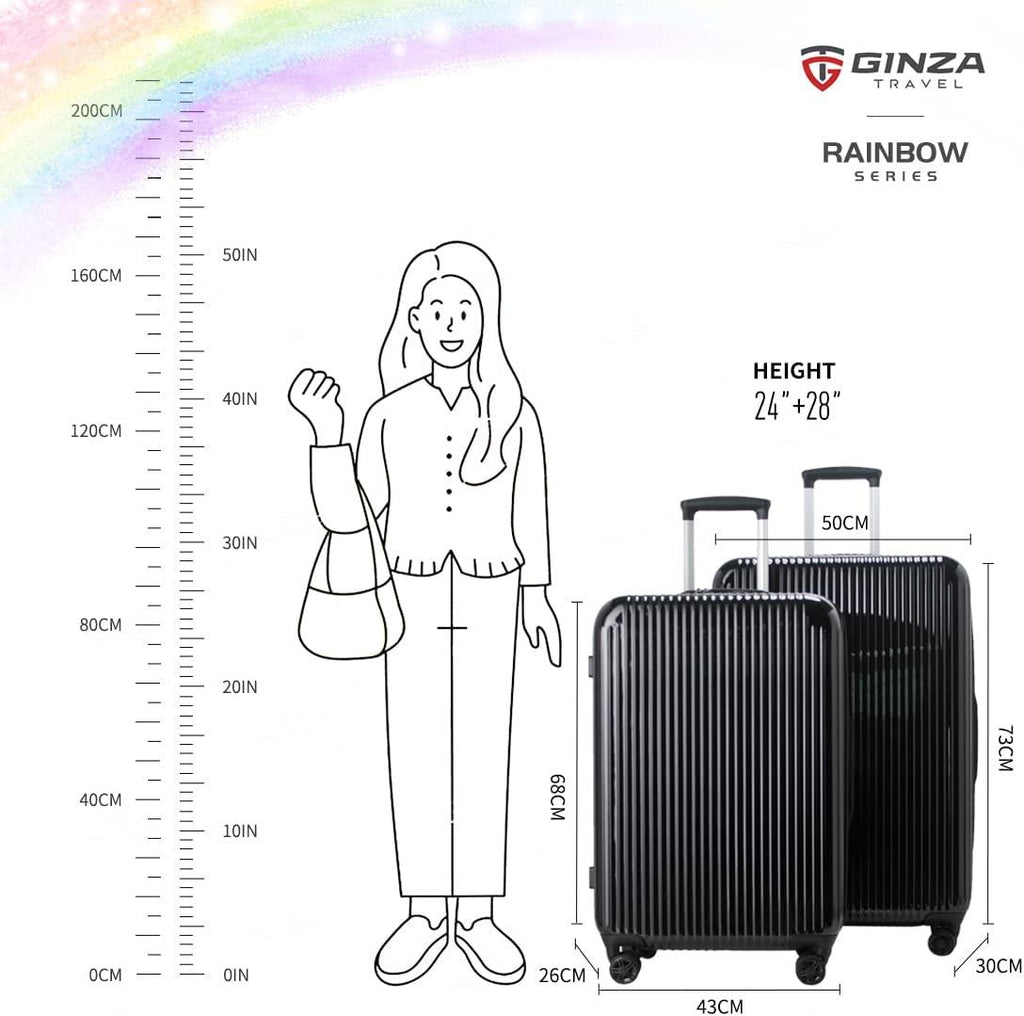 GinzaTravel Fashion Trend Bright Color PC Luggage TSA Combination Lock Spinner Wheels Rainbow series (Elegant Black, 24“28”)