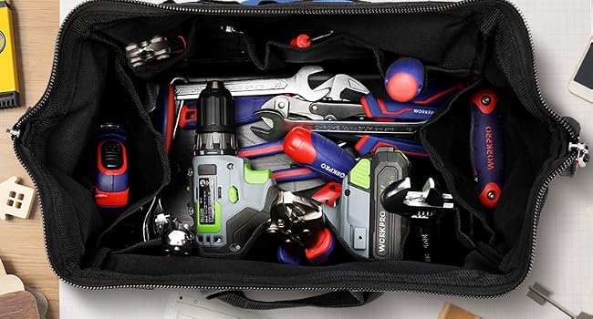 16-inch Wide Mouth Tool Bag with Water Proof Molded Base | Multi-Pocket, Heavy Duty Cloth, Adjustable Shoulder Strap, Double-pull Zipper, For Workshops, Outdoor Projects