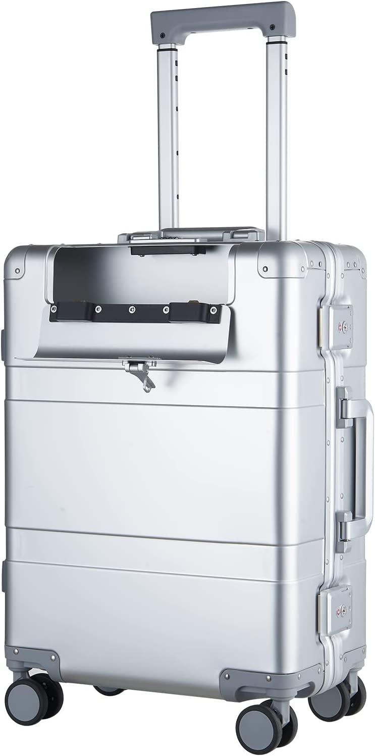 20-inch Aluminum Carry-on Hardside Suitcase Hard Shell Luggage with Locked Compartment for Valuables, Built-In TSA Lock, Zipperless Fashion with Spinner Wheels for Travel / Business, Silver