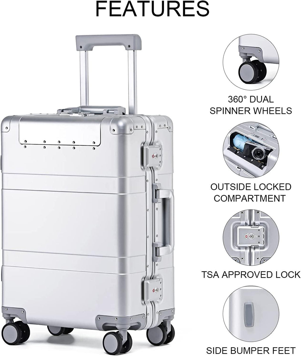 20-inch Aluminum Carry-on Hardside Suitcase Hard Shell Luggage with Locked Compartment for Valuables, Built-In TSA Lock, Zipperless Fashion with Spinner Wheels for Travel / Business, Silver
