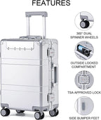 20-inch Aluminum Carry-on Hardside Suitcase Hard Shell Luggage with Locked Compartment for Valuables, Built-In TSA Lock, Zipperless Fashion with Spinner Wheels for Travel / Business, Silver