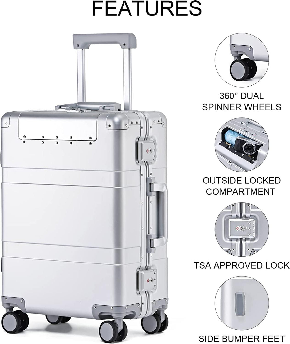 20-inch Aluminum Carry-on Hardside Suitcase Hard Shell Luggage with Locked Compartment for Valuables, Built-In TSA Lock, Zipperless Fashion with Spinner Wheels for Travel / Business, Silver