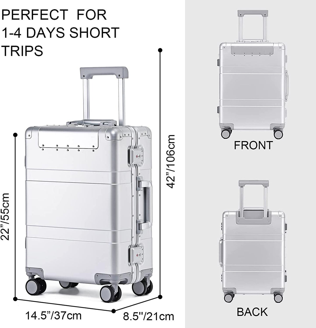 20-inch Aluminum Carry-on Hardside Suitcase Hard Shell Luggage with Locked Compartment for Valuables, Built-In TSA Lock, Zipperless Fashion with Spinner Wheels for Travel / Business, Silver