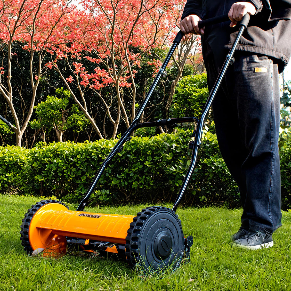 Push Reel Lawn Mower, 16-Inch 5-Blade Cordless Manual Reel Lawn Mower, Walk-Behind Steel Lawn Mower with 4-Position Cutting Height Adjustment &amp; SponGrip