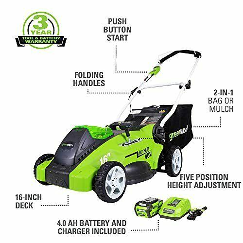 Greenworks 40V 16-Inch Cordless 2-In-1 Push Lawn Mower 4.0Ah Battery and Char...