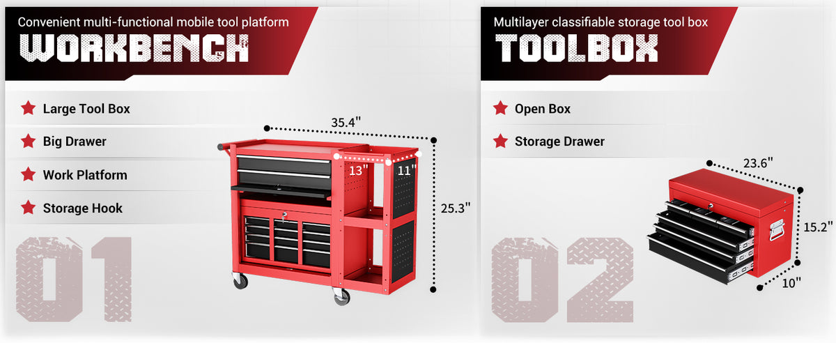 8-Drawer Rolling Tool Chest, Assembled Metal Tool StoraCabinet with Wheels, LocSliding Drawers & Detachable Top Box, for GaraWorkshop Repair Room Warehouse, Red