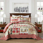 Farmhouse Christmas Rustic Plaid Santa's Sleigh &amp; Reindeer Quilt Set (3 Piece Bedding)