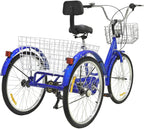 OneV FT Adult Tricycles, 3 Wheel Cruiser Bike, 7 Speed 24 inch Trikes with Front &amp; Rear Shopping Basket for Men, Women and Seniors