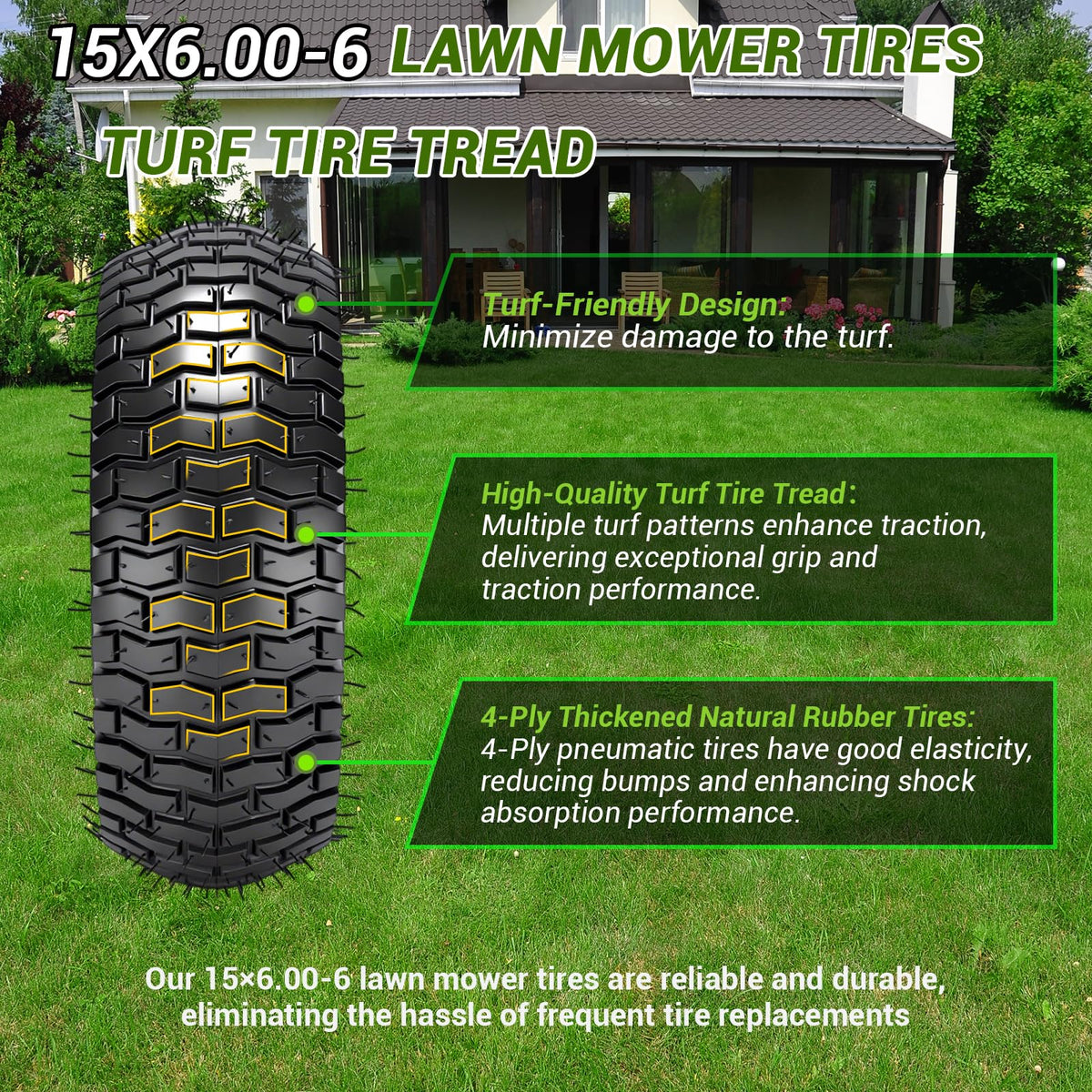 (2 Pack)  15x6.00-6nhs Lawn Mower Tires and Wheel Assembly, Replacement Riding Lawn Mower Front Tires, Compatible with    Lawn Mowers, 3/4" Bushings, 3" Centered Hub