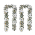 2-Pack 9 ft. Pre-Lit Snow Flocked Greenery Pine Poinsettia Artificial Christmas Garland, with 50 White Lights with Timer