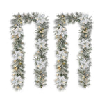 2-Pack 9 ft. Pre-Lit Snow Flocked Greenery Pine Poinsettia Artificial Christmas Garland, with 50 White Lights with Timer