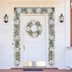 2-Pack 9 ft. Pre-Lit Snow Flocked Greenery Pine Poinsettia Artificial Christmas Garland, with 50 White Lights with Timer