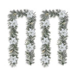 2-Pack 9 ft. Pre-Lit Snow Flocked Greenery Pine Poinsettia Artificial Christmas Garland, with 50 White Lights with Timer