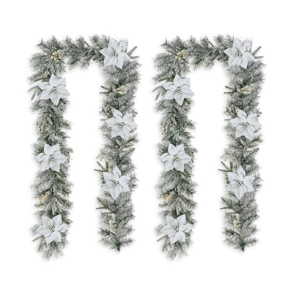 2-Pack 9 ft. Pre-Lit Snow Flocked Greenery Pine Poinsettia Artificial Christmas Garland, with 50 White Lights with Timer