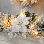 2-Pack 9 ft. Pre-Lit Snow Flocked Greenery Pine Poinsettia Artificial Christmas Garland, with 50 White Lights with Timer