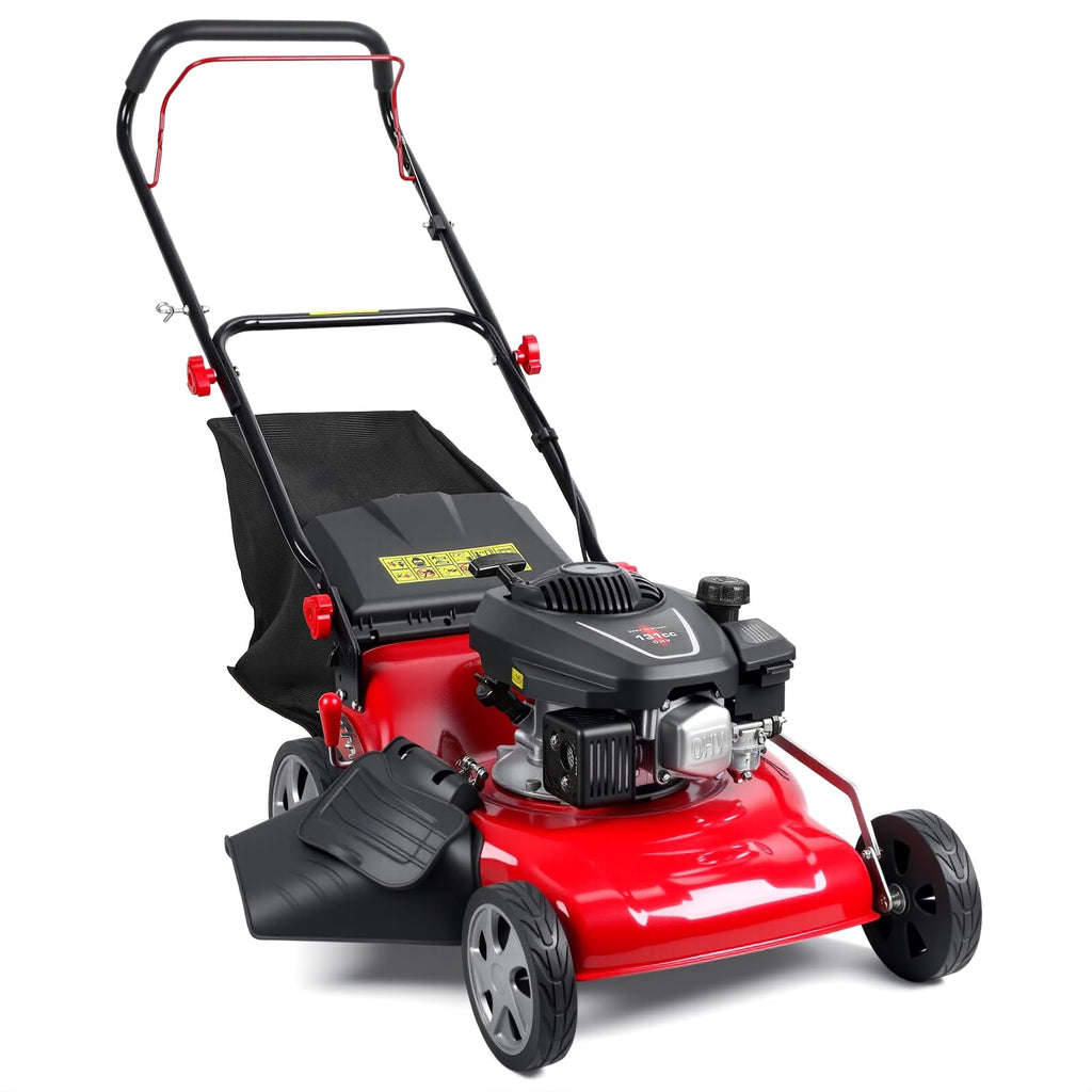 3 in 1 Self Propelled Gas Lawn Mower, 131cc 4-Stroke Engine with 50L Grass Bag &amp; Big Wheels, 3-in-1 Mulching/Side Discharge/Rear Bag, Push Button Start for Medium to LarLawns Red