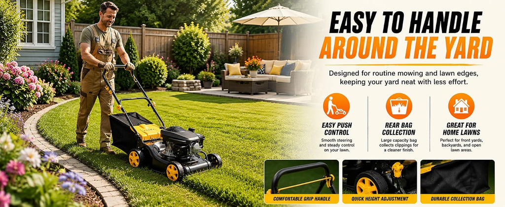 132CC Gas Lawn Mower 16-Inch with 45L Grass Bag and Height Adjustment | 4-stroke engine, 16-inch cutting width, 45L grass bag, 8-position height adjustment for small to medium yards