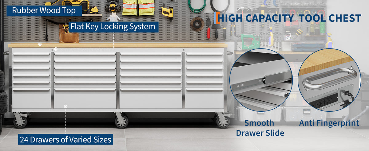 96 inch Tool Chest, Tool Box Mobile 24 Drawers StoraRolling Cabinet with Wheels Lock Key LocSystem Drawer Liners for GaraWarehouse Repair Shop