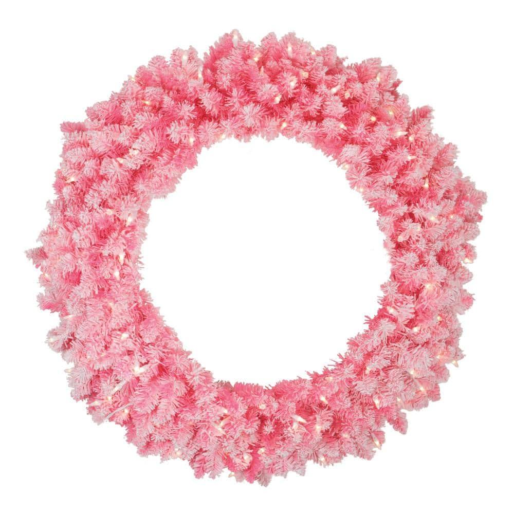 36 in. Pre-Lit Flocked Pink Artificial Christmas Wreath with Clear Lights