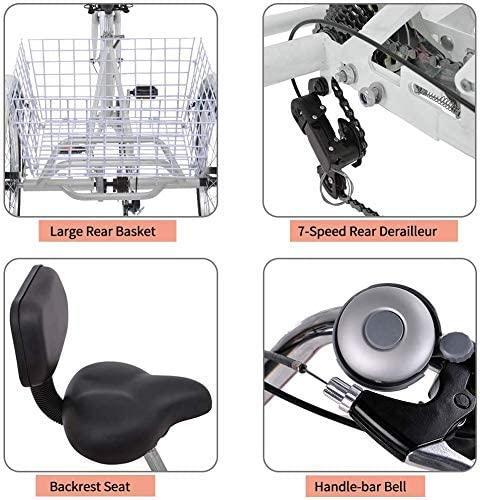Adult Tricycles, 3 Wheel Bikes for Adults 20/24/26 inch 7 Speed Adult Trikes Bicycles Cruise Trike with LarBasket for Recreation, Shopping, Exercise Men's Women's Bike