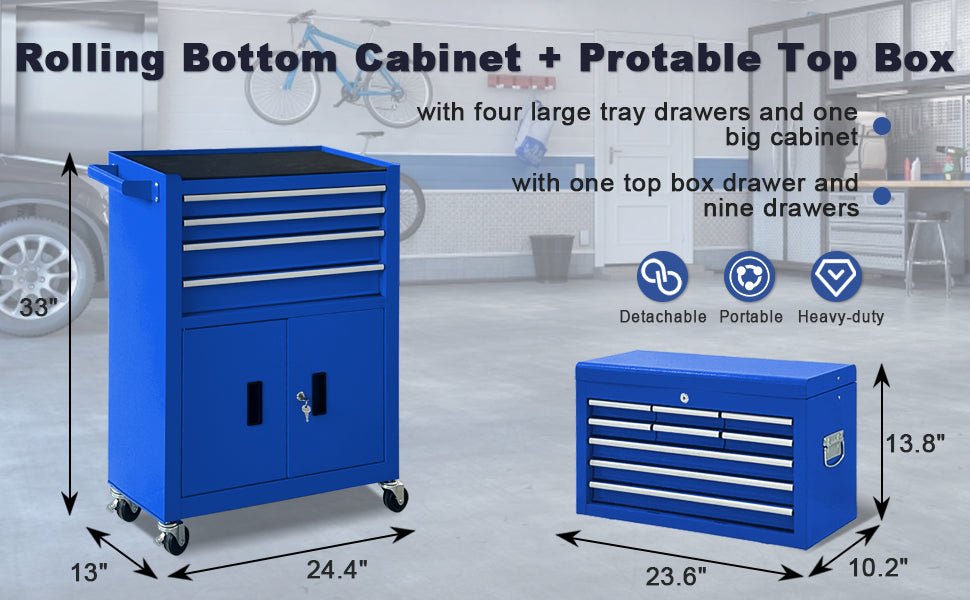13-Drawer Rolling Tool Chest, 2 in 1 Detachable Metal Tool Cabinet with Lock & Wheels, Heavy-Duty Tool StoraOrganizer for Garage, Workshop, Auto Repair & Home(Blue)