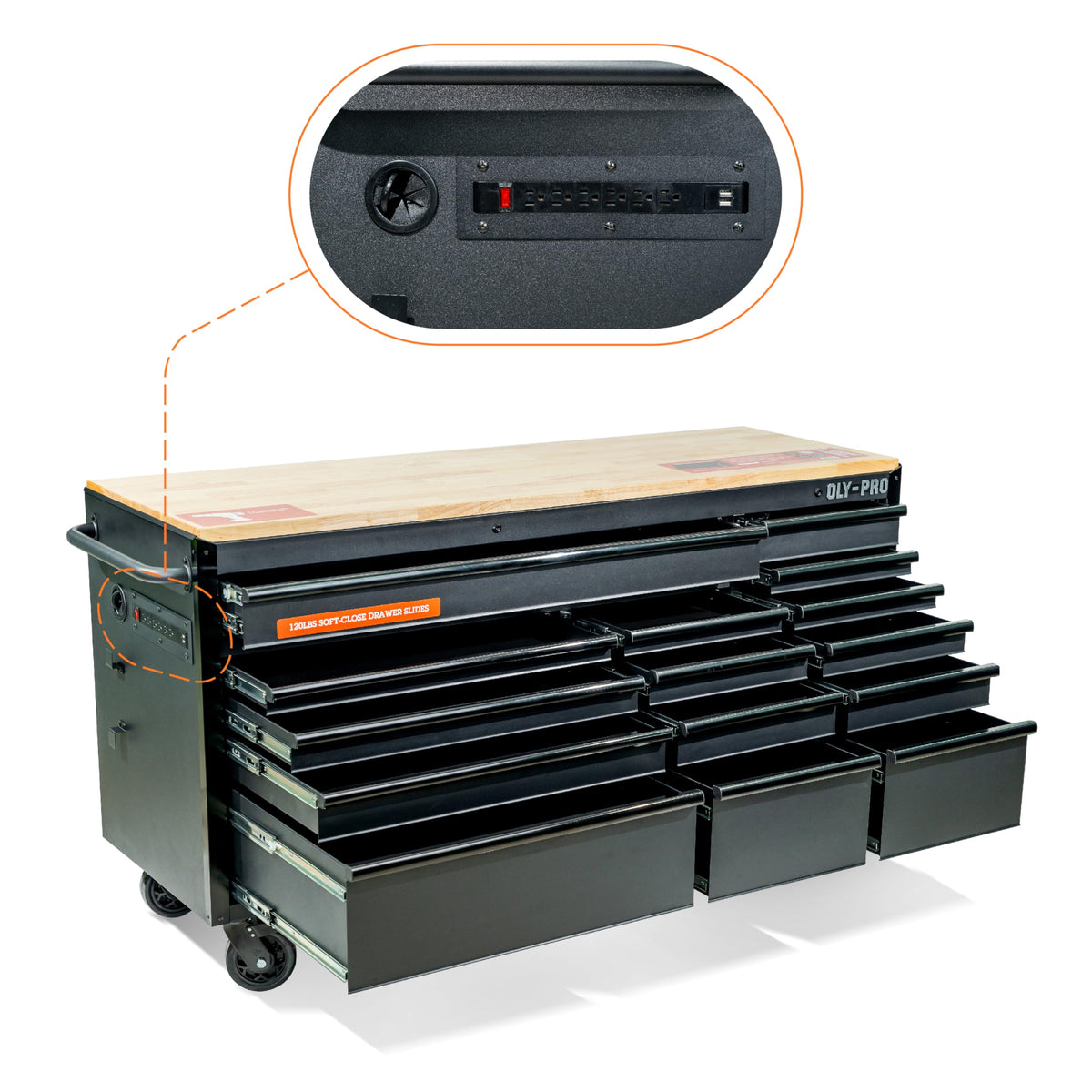 72 inch Heavy Duty Mobile Tool Chest Tool Box, with Solid Top Workbench, 15-Drawer Rolling Tool Chest, Tool StoraOrganizer for Garage, Workshop, and Home, Black