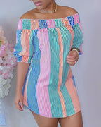 striped print colorblock shirred buttoned casual dress