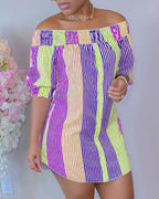striped print colorblock shirred buttoned casual dress