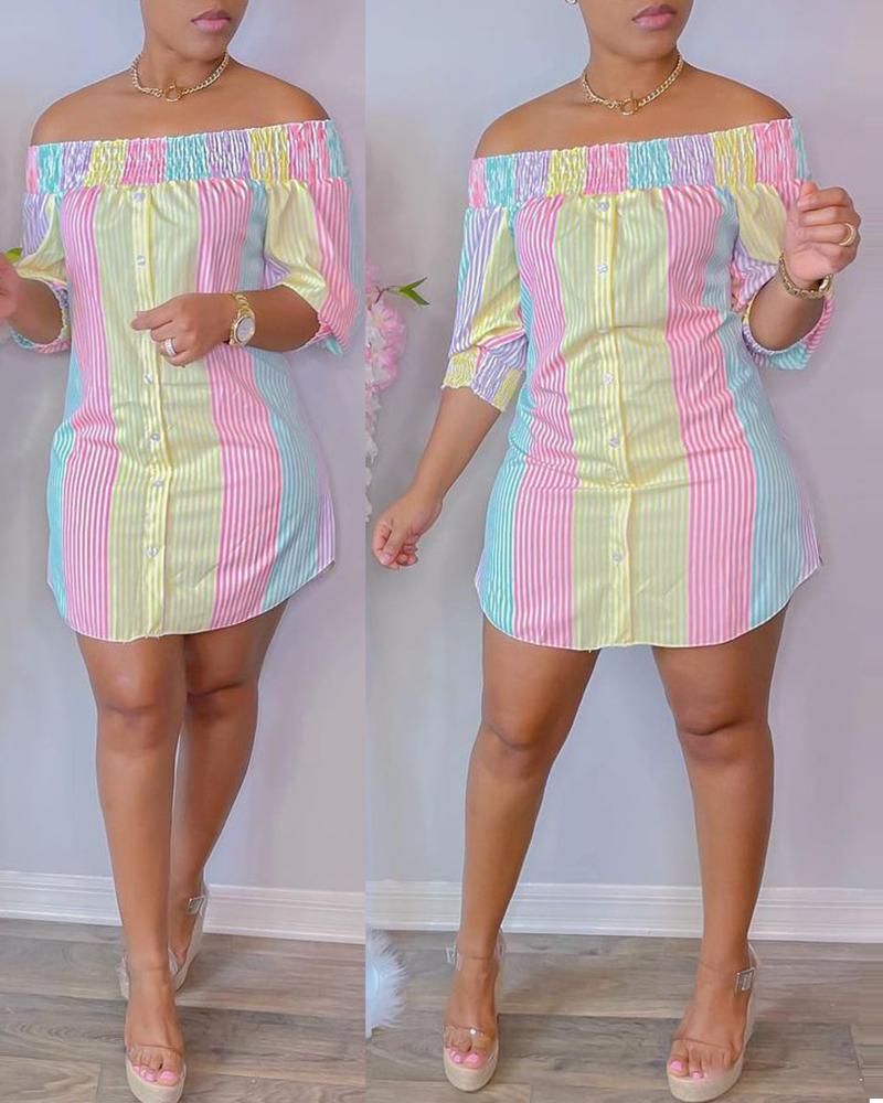 striped print colorblock shirred buttoned casual dress