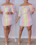 striped print colorblock shirred buttoned casual dress
