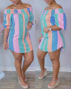 striped print colorblock shirred buttoned casual dress