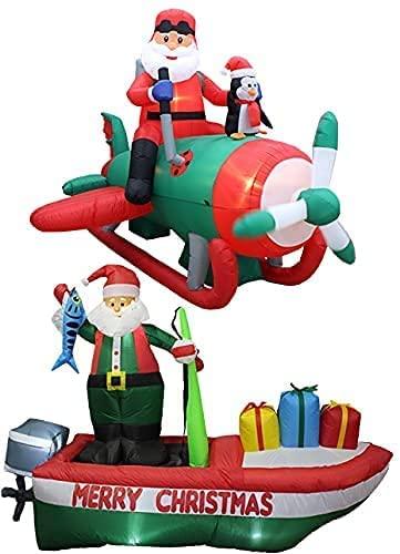 Two Christmas Party Decorations Bundle, Includes 8 Foot Long Inflatable Santa Claus on a Fishing Boat, and Animated 8 Foot Long Inflatable Santa Claus with Penguins on Airplane Blowup with Lights