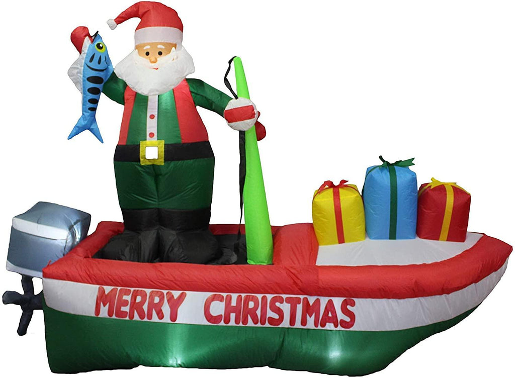 Two Christmas Party Decorations Bundle, Includes 8 Foot Long Inflatable Santa Claus on a Fishing Boat, and Animated 8 Foot Long Inflatable Santa Claus with Penguins on Airplane Blowup with Lights
