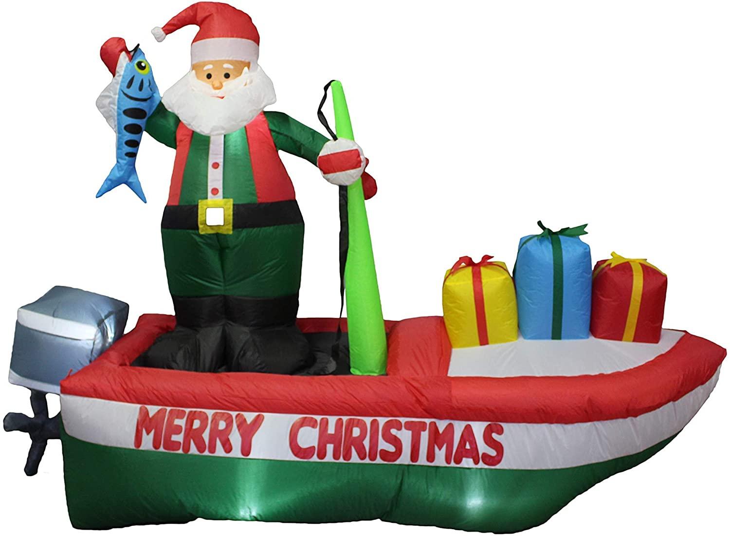 Two Christmas Party Decorations Bundle, Includes 8 Foot Long Inflatable Santa Claus on a Fishing Boat, and Animated 8 Foot Long Inflatable Santa Claus with Penguins on Airplane Blowup with Lights