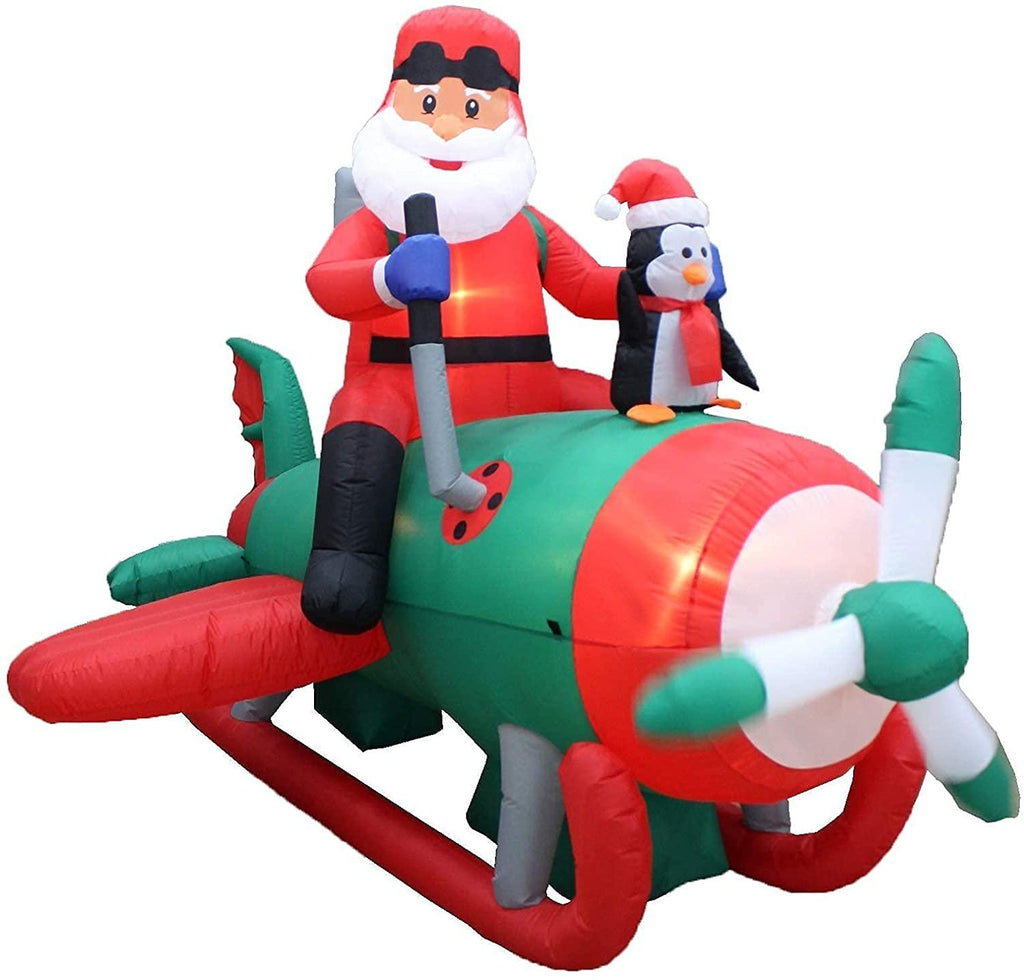 Two Christmas Party Decorations Bundle, Includes 8 Foot Long Inflatable Santa Claus on a Fishing Boat, and Animated 8 Foot Long Inflatable Santa Claus with Penguins on Airplane Blowup with Lights