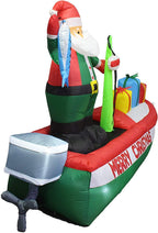 Two Christmas Party Decorations Bundle, Includes 8 Foot Long Inflatable Santa Claus on a Fishing Boat, and Animated 8 Foot Long Inflatable Santa Claus with Penguins on Airplane Blowup with Lights