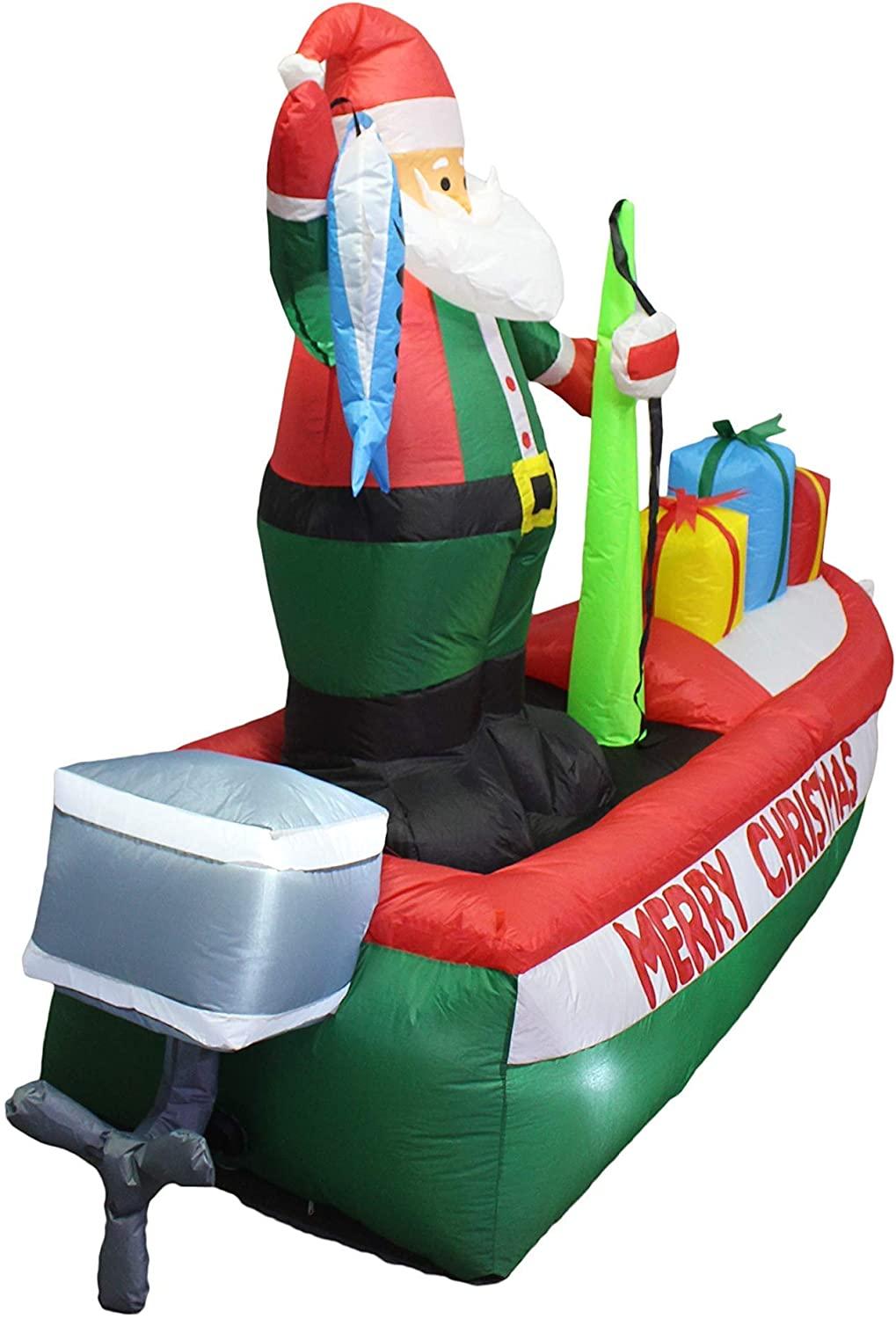Two Christmas Party Decorations Bundle, Includes 8 Foot Long Inflatable Santa Claus on a Fishing Boat, and Animated 8 Foot Long Inflatable Santa Claus with Penguins on Airplane Blowup with Lights