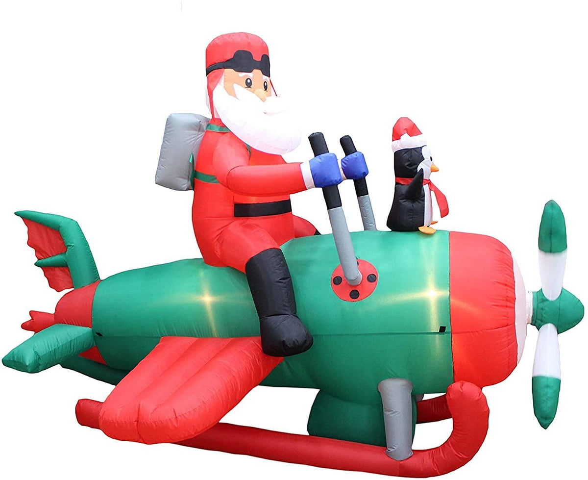 Two Christmas Party Decorations Bundle, Includes 8 Foot Long Inflatable Santa Claus on a Fishing Boat, and Animated 8 Foot Long Inflatable Santa Claus with Penguins on Airplane Blowup with Lights
