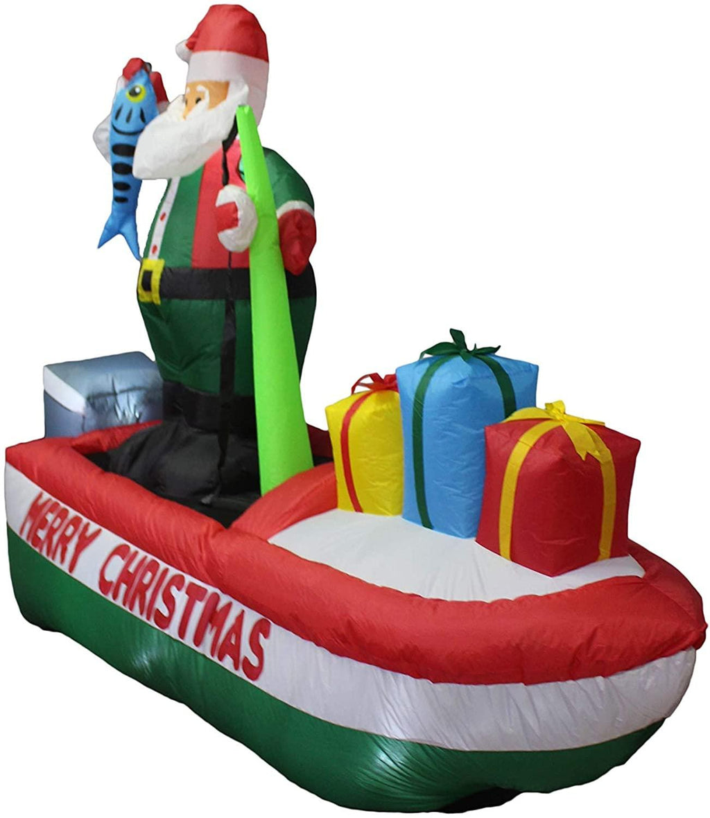 Two Christmas Party Decorations Bundle, Includes 8 Foot Long Inflatable Santa Claus on a Fishing Boat, and Animated 8 Foot Long Inflatable Santa Claus with Penguins on Airplane Blowup with Lights
