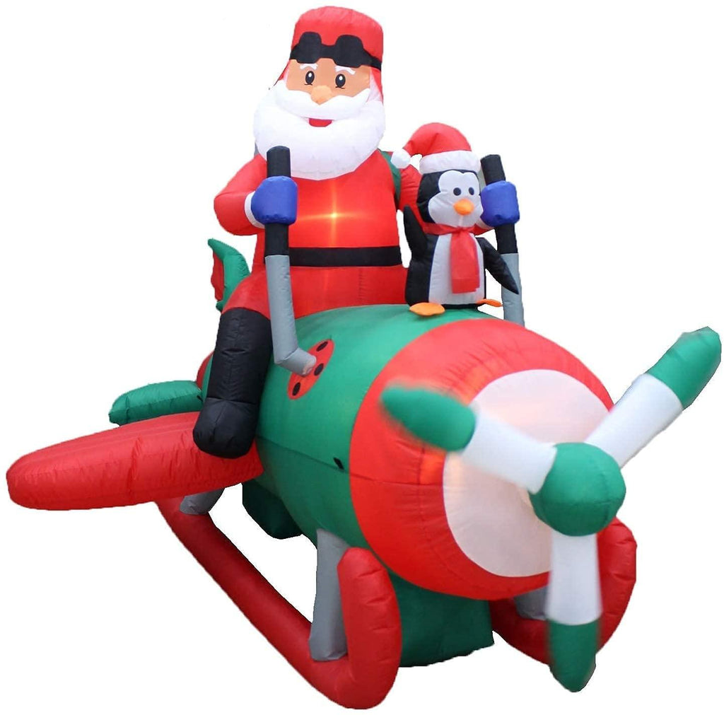 Two Christmas Party Decorations Bundle, Includes 8 Foot Long Inflatable Santa Claus on a Fishing Boat, and Animated 8 Foot Long Inflatable Santa Claus with Penguins on Airplane Blowup with Lights