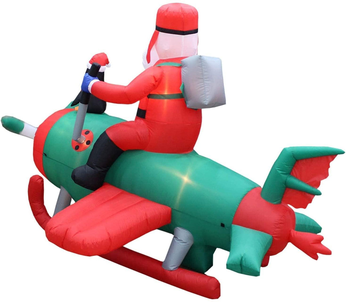 Two Christmas Party Decorations Bundle, Includes 8 Foot Long Inflatable Santa Claus on a Fishing Boat, and Animated 8 Foot Long Inflatable Santa Claus with Penguins on Airplane Blowup with Lights