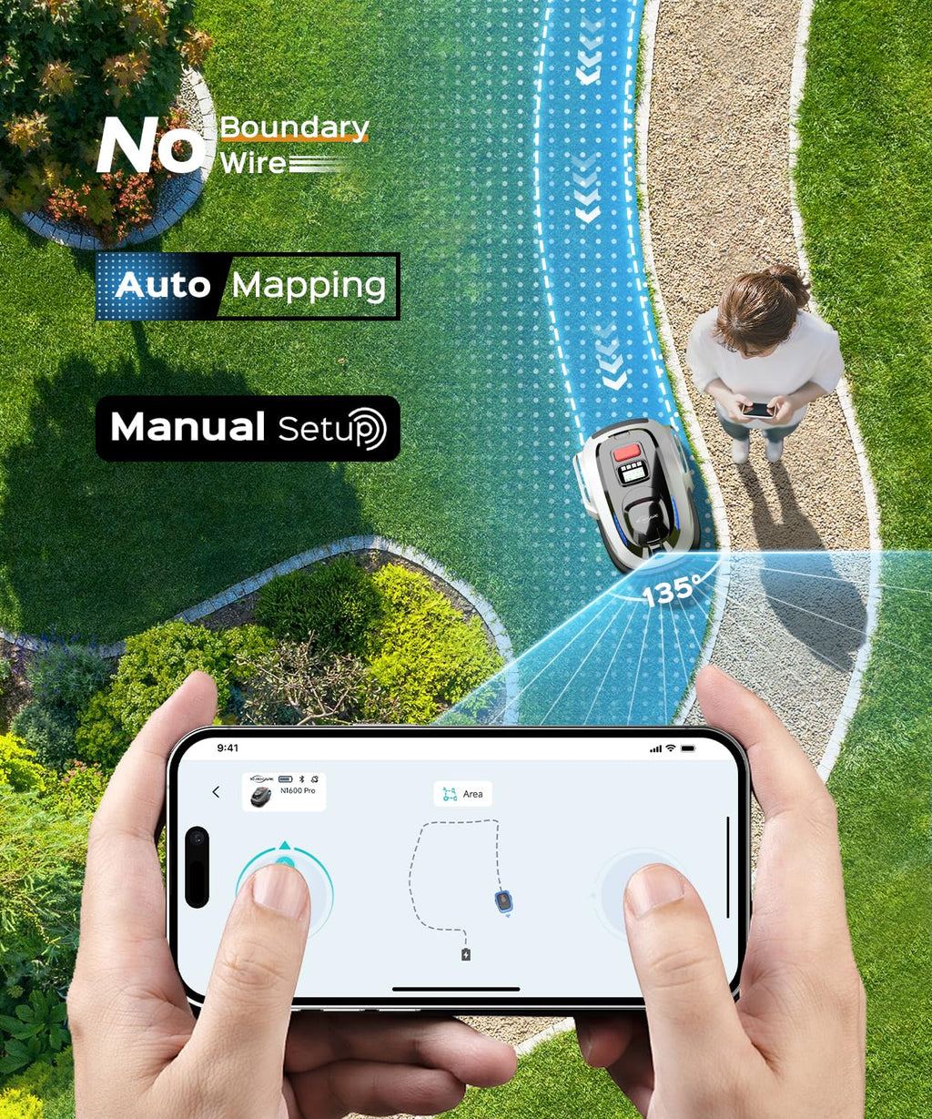 N1600 PRO Wireless Robot Lawn Mower, RTK+Vision Navigation, 0.4 Acre Coverage, APP Smart Control, Multi-Zone Mowing, Ordered Cutting Path, Smart Robot Lawn Mower for Yards