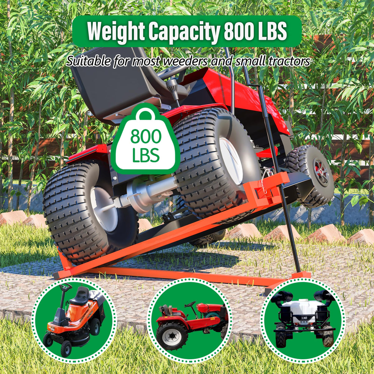 Lawn Mower Lift Jack 880Lbs Riding Mower Lift with Manual Handle and Power Tool Extension Handle Space-Saving Foldable Lawn Tractor Lift for Lawn mowers and Garden Tractors (Orange)