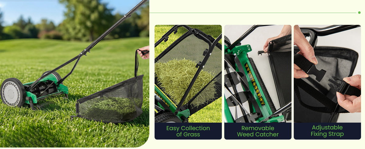 Manual Lawn Mower, 14 Inch 5-Blade Walk-Behind Cordless Grass Cutter with 7 Gallon Removable Grass Collect Bag, Adjustable Cutting Heights, Push Reel Lawn Mower for Yard, Garden