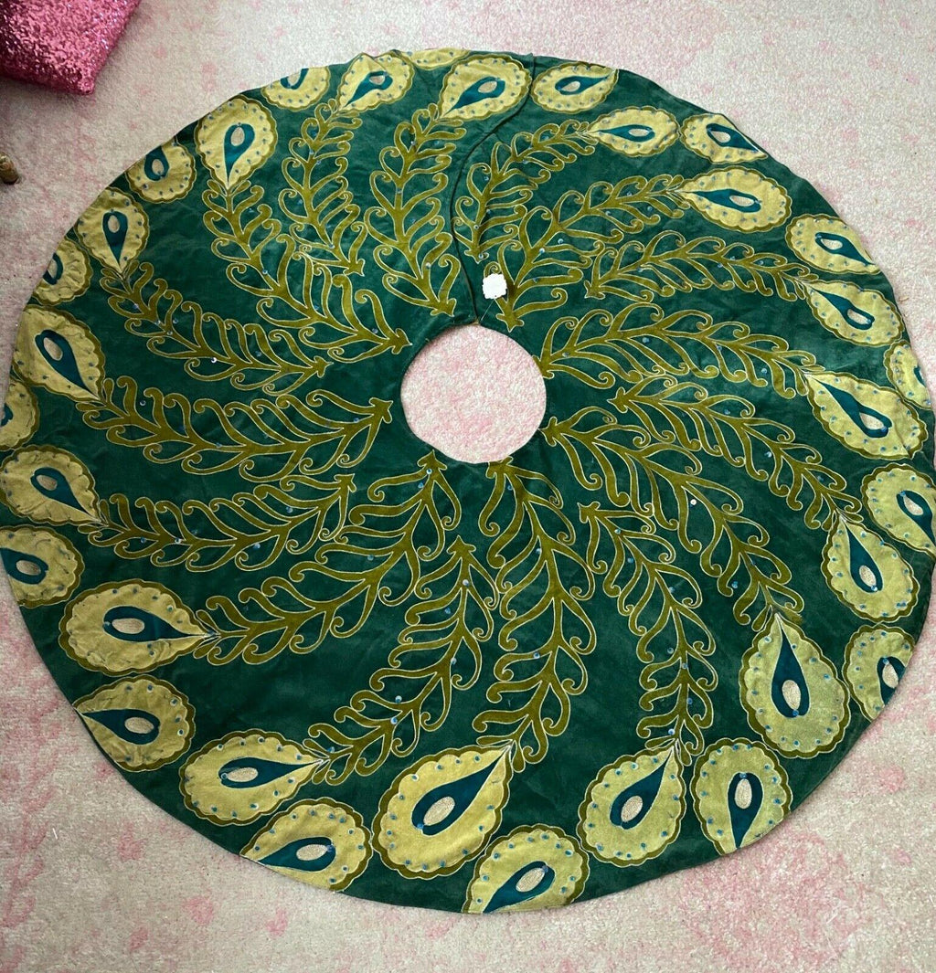 NWT Anthropologie Velvet Peacock Beaded Embroidered Christmas Tree Skirt 60"