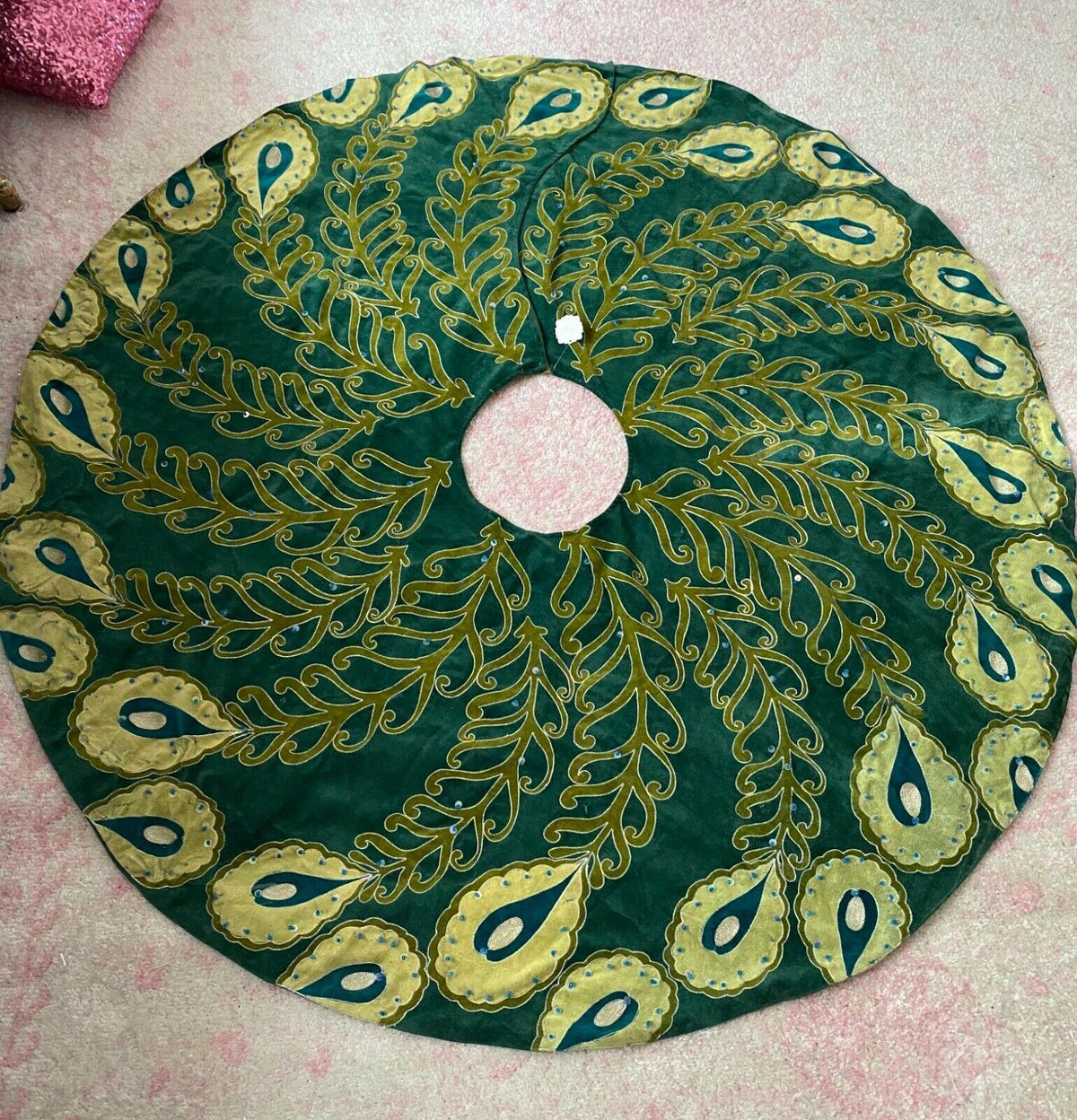 NWT Anthropologie Velvet Peacock Beaded Embroidered Christmas Tree Skirt 60"