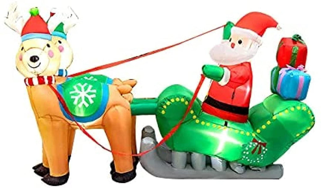 Taek-cheon Christmas Inflatable Decorations Santa Claus Christmas Moose with Gifts Box Pulling Car LED Light with Ground Fork Transformer Rope  Air Blown Garden Decoration