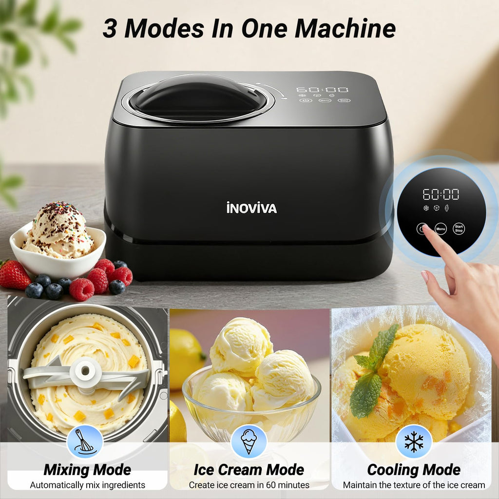 Ice Cream Maker Automatic 1.7 Pt, No Pre-Freezing,-In Compressor, Digital Display & Timer,3 Presets, Makes ice cream, Gelato, Perfect for home & party, IM001