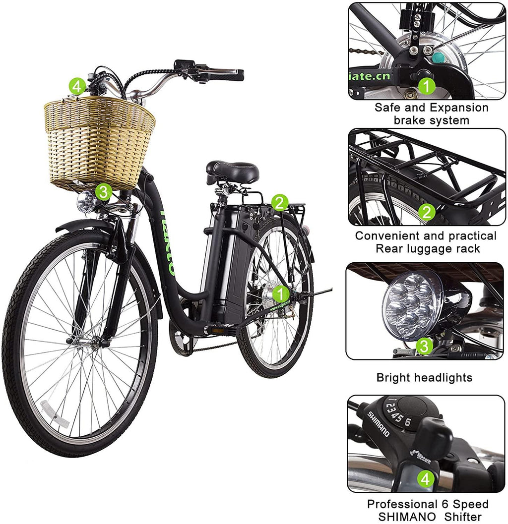 26'' Electric Bike for Adult, Cargo Electric Bicycle Camel Style, 250W Brushless Motor and 10.5Ah Removable Lithium Battery| Commuting Essentials (Basket and Lock)