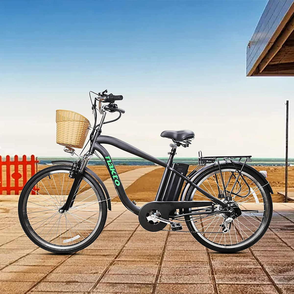 26'' Electric Bike for Adult, Cargo Electric Bicycle Camel Style, 250W Brushless Motor and 10.5Ah Removable Lithium Battery| Commuting Essentials (Basket and Lock)